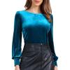 imageAllegra K Velvet Tops for Women Crew Neck Puff Long Sleeve Casual Pullover Fall Winter Blouses TopPeacock Blue