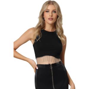 imageAllegra K Fringe Tops for Womens Y2K Raceback Top Sleeveless Sparkly Glitter Tassel Tank Crop Rhinestone TopsBlack