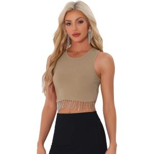 imageAllegra K Fringe Tops for Womens Y2K Raceback Top Sleeveless Sparkly Glitter Tassel Tank Crop Rhinestone TopsDark Brown