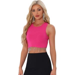 imageAllegra K Fringe Tops for Womens Y2K Raceback Top Sleeveless Sparkly Glitter Tassel Tank Crop Rhinestone TopsHot Pink
