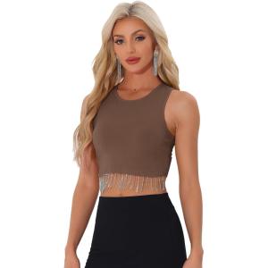 imageAllegra K Fringe Tops for Womens Y2K Raceback Top Sleeveless Sparkly Glitter Tassel Tank Crop Rhinestone TopsLight Brown