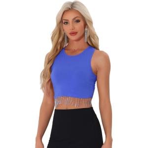 imageAllegra K Fringe Tops for Womens Y2K Raceback Top Sleeveless Sparkly Glitter Tassel Tank Crop Rhinestone TopsRoyal Blue