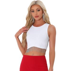 imageAllegra K Fringe Tops for Womens Y2K Raceback Top Sleeveless Sparkly Glitter Tassel Tank Crop Rhinestone TopsWhite