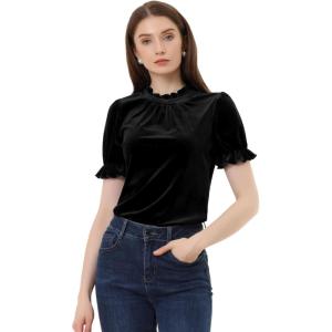 imageAllegra K Halloween Ruffle Collar Shirt for Womens Short Sleeve Casual Velvet Tops BlouseBlack