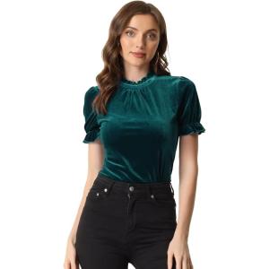 imageAllegra K Halloween Ruffle Collar Shirt for Womens Short Sleeve Casual Velvet Tops BlouseBlue Green