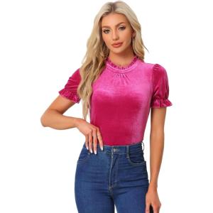 imageAllegra K Halloween Ruffle Collar Shirt for Womens Short Sleeve Casual Velvet Tops BlouseHot Pink