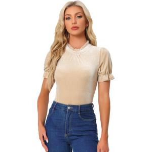 imageAllegra K Halloween Ruffle Collar Shirt for Womens Short Sleeve Casual Velvet Tops BlouseKhaki