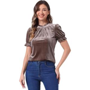imageAllegra K Halloween Ruffle Collar Shirt for Womens Short Sleeve Casual Velvet Tops BlouseLight Brown