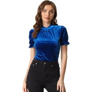 imageAllegra K Halloween Ruffle Collar Shirt for Womens Short Sleeve Casual Velvet Tops BlouseNavy Blue