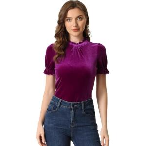 imageAllegra K Halloween Ruffle Collar Shirt for Womens Short Sleeve Casual Velvet Tops BlousePurple