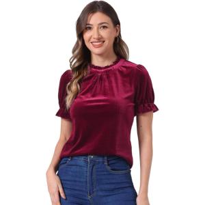 imageAllegra K Halloween Ruffle Collar Shirt for Womens Short Sleeve Casual Velvet Tops BlouseWine Red