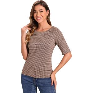 imageAllegra K Houndstooth Top for Womens Half Sleeve Boat Neck Blouses TopsBrown