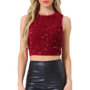 imageAllegra K Sequin Tops for Womens Sparkle Glitter Sleeveless Club Party Nightout Crop Tank TopRed