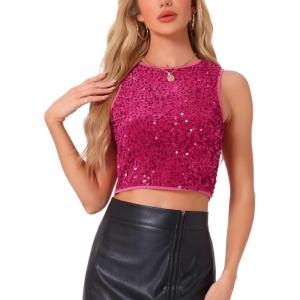 imageAllegra K Sequin Tops for Womens Sparkle Glitter Sleeveless Club Party Nightout Crop Tank TopRose Red