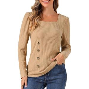 imageAllegra K Square Neck Sweaters for Womens Vintage Teacher Long Sleeve Pullover Ribbed Knit TopKhaki
