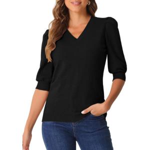 imageAllegra K Sweater Tops for Women Puff Short Sleeve V Neck Trendy Business Casual Summer t Shirt BlousesBlack