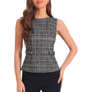 imageAllegra K Tweed Top for Womens Elegant Plaid Print Sleeveless Crew Neck Waist Buckle Back Zipper Blazer Vest TopsBlack