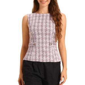 imageAllegra K Tweed Top for Womens Elegant Plaid Print Sleeveless Crew Neck Waist Buckle Back Zipper Blazer Vest TopsPink White