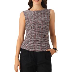 imageAllegra K Tweed Top for Womens Elegant Plaid Print Sleeveless Crew Neck Waist Buckle Back Zipper Blazer Vest TopsRed Black