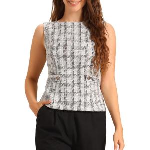 imageAllegra K Tweed Top for Womens Elegant Plaid Print Sleeveless Crew Neck Waist Buckle Back Zipper Blazer Vest TopsWhite Black