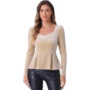 imageAllegra K Velvet Blouse for Womens Elegant Sweetheart Neck Long Sleeve Peplum TopApricot