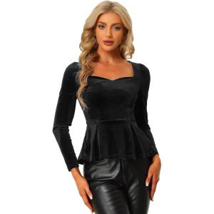 imageAllegra K Velvet Blouse for Womens Elegant Sweetheart Neck Long Sleeve Peplum TopBlack