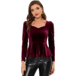 imageAllegra K Velvet Blouse for Womens Elegant Sweetheart Neck Long Sleeve Peplum TopBurgundy