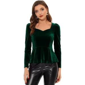 imageAllegra K Velvet Blouse for Womens Elegant Sweetheart Neck Long Sleeve Peplum TopDark Green