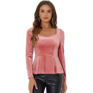 imageAllegra K Velvet Blouse for Womens Elegant Sweetheart Neck Long Sleeve Peplum TopPink