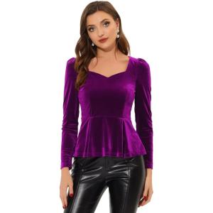 imageAllegra K Velvet Blouse for Womens Elegant Sweetheart Neck Long Sleeve Peplum TopPurple