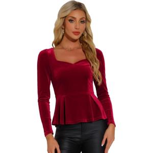 imageAllegra K Velvet Blouse for Womens Elegant Sweetheart Neck Long Sleeve Peplum TopRed