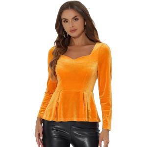 imageAllegra K Velvet Blouse for Womens Elegant Sweetheart Neck Long Sleeve Peplum TopYellow