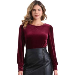 imageAllegra K Velvet Tops for Women Crew Neck Puff Long Sleeve Casual Pullover Fall Winter Blouses TopBurgundy