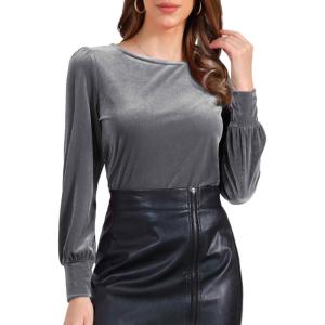 imageAllegra K Velvet Tops for Women Crew Neck Puff Long Sleeve Casual Pullover Fall Winter Blouses TopGrey