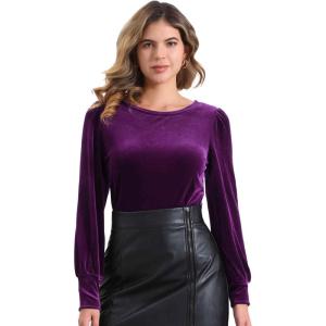 imageAllegra K Velvet Tops for Women Crew Neck Puff Long Sleeve Casual Pullover Fall Winter Blouses TopPurple