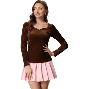 imageAllegra K Velvet Tops for Womens Long Sleeves Sweetheart Neck BlouseBrown