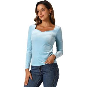 imageAllegra K Velvet Tops for Womens Long Sleeves Sweetheart Neck BlouseLight Blue