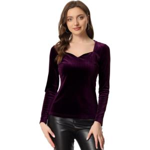 imageAllegra K Velvet Tops for Womens Long Sleeves Sweetheart Neck BlousePurple