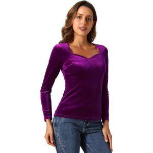 imageAllegra K Velvet Tops for Womens Long Sleeves Sweetheart Neck BlousePurple Red