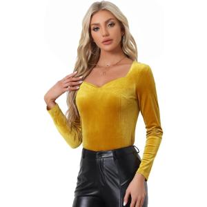imageAllegra K Velvet Tops for Womens Long Sleeves Sweetheart Neck BlouseYellow