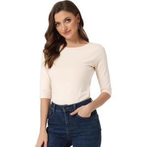 imageAllegra K Womens Casual Round Neck Elbow Sleeve t Shirts Slim Fit Blouses Tops FashionBeige