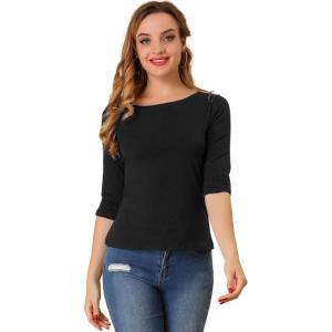 imageAllegra K Womens Casual Round Neck Elbow Sleeve t Shirts Slim Fit Blouses Tops FashionBlack