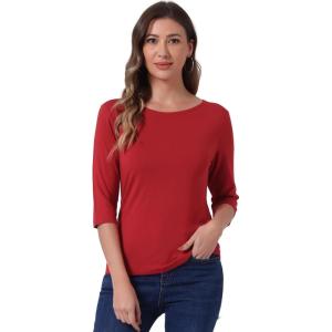 imageAllegra K Womens Casual Round Neck Elbow Sleeve t Shirts Slim Fit Blouses Tops FashionBright Red