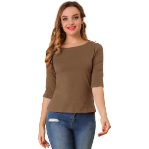 imageAllegra K Womens Casual Round Neck Elbow Sleeve t Shirts Slim Fit Blouses Tops FashionBrown