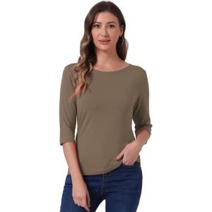 imageAllegra K Womens Casual Round Neck Elbow Sleeve t Shirts Slim Fit Blouses Tops FashionCamel