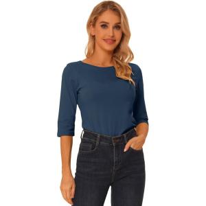 imageAllegra K Womens Casual Round Neck Elbow Sleeve t Shirts Slim Fit Blouses Tops FashionDark Blue