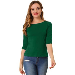imageAllegra K Womens Casual Round Neck Elbow Sleeve t Shirts Slim Fit Blouses Tops FashionDeep Green
