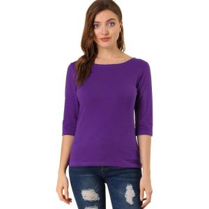 imageAllegra K Womens Casual Round Neck Elbow Sleeve t Shirts Slim Fit Blouses Tops FashionDeep Purple