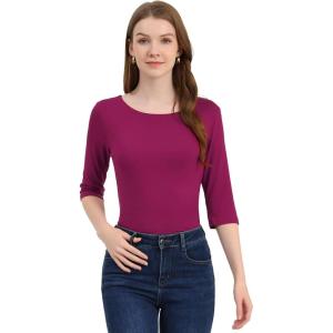 imageAllegra K Womens Casual Round Neck Elbow Sleeve t Shirts Slim Fit Blouses Tops FashionFuchsia