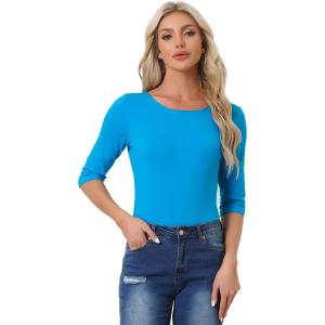 imageAllegra K Womens Casual Round Neck Elbow Sleeve t Shirts Slim Fit Blouses Tops FashionLake Blue